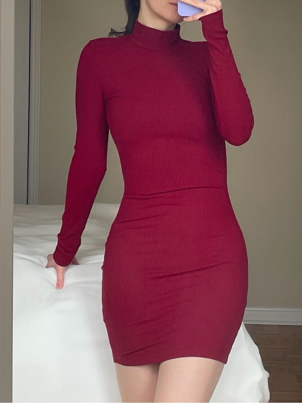 Dynamite Ribbed Mock Neck Bodycon Dress - Wine